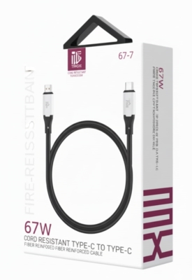 Cble Rsistant au Feu 67 W Type-C vers Type-C - 3' - Noir 